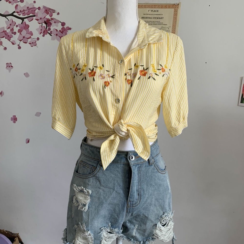 Yellow Floral Embroidered blouse and jean shorts set